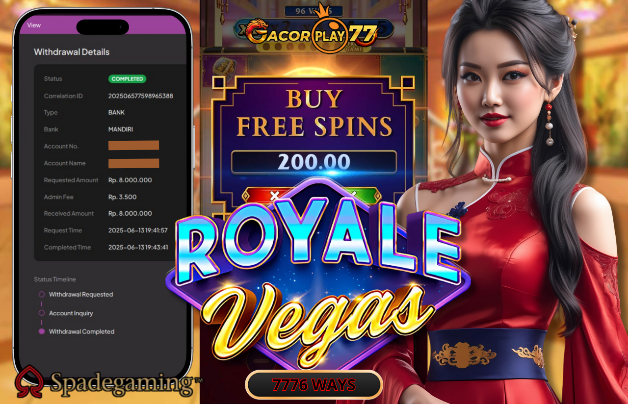 Selamat kepada user id : sa****2 Wede Rp 8.000.000 di Game ROYALE VEGAS SPADEGAMING Cair Gk Sampe 1 Menit! Menang Mudah di Gacorplay77